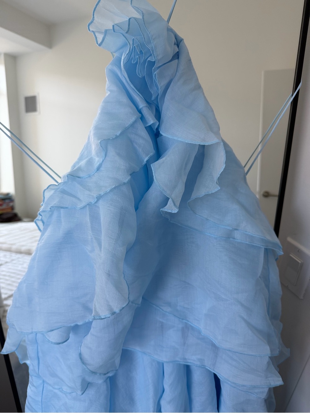 Light Blue Ruffle Maxi Dress with Floral Accent - Picture 3 of 3